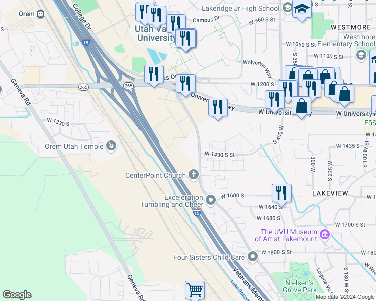 map of restaurants, bars, coffee shops, grocery stores, and more near 1404 Sandhill Road in Orem