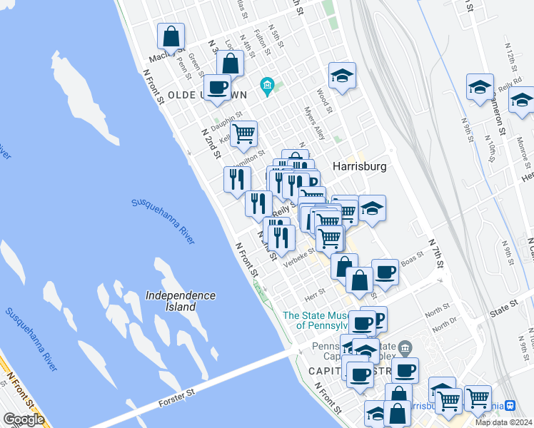 map of restaurants, bars, coffee shops, grocery stores, and more near 210 Reily Street in Harrisburg