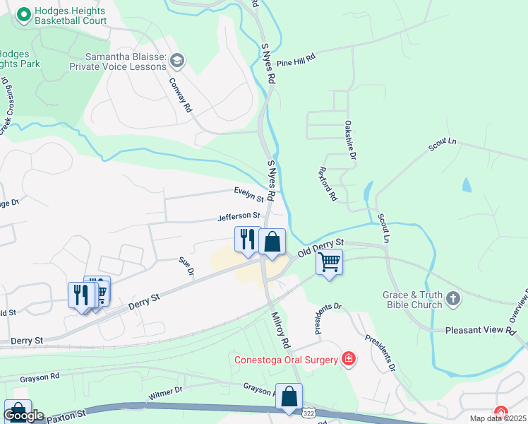map of restaurants, bars, coffee shops, grocery stores, and more near 410 South Nyes Road in Hummelstown