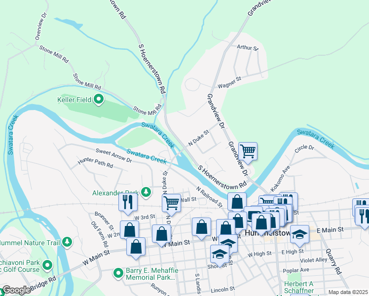 map of restaurants, bars, coffee shops, grocery stores, and more near 399 North Duke Street in Hummelstown