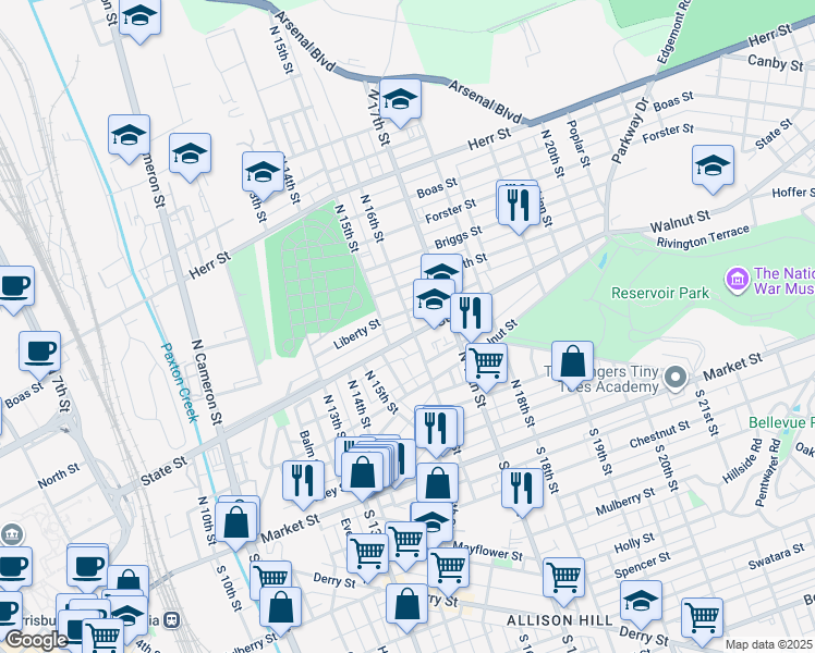 map of restaurants, bars, coffee shops, grocery stores, and more near 1522 State Street in Harrisburg