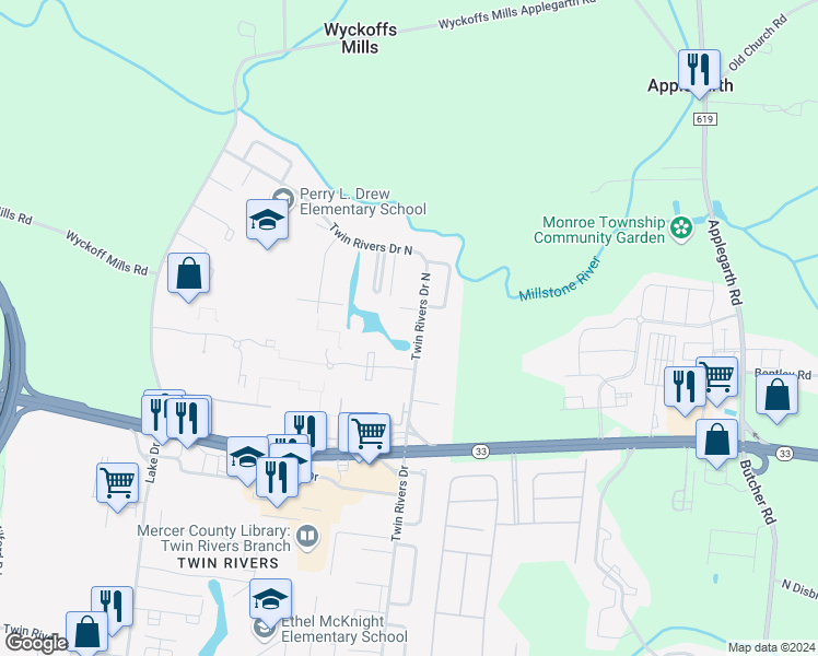 map of restaurants, bars, coffee shops, grocery stores, and more near 650 Ithaca Place in East Windsor