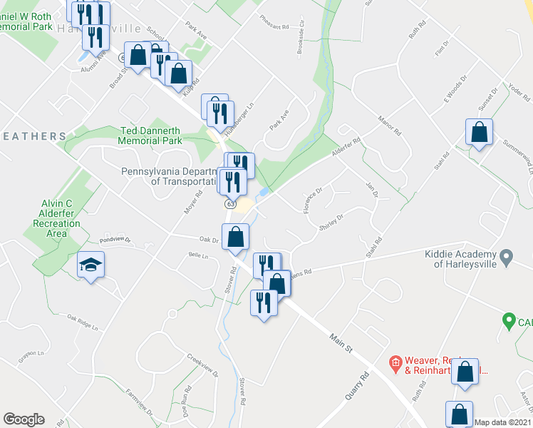 map of restaurants, bars, coffee shops, grocery stores, and more near 320 Alderfer Road in Harleysville