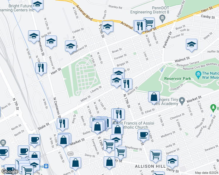 map of restaurants, bars, coffee shops, grocery stores, and more near 1522 State Street in Harrisburg