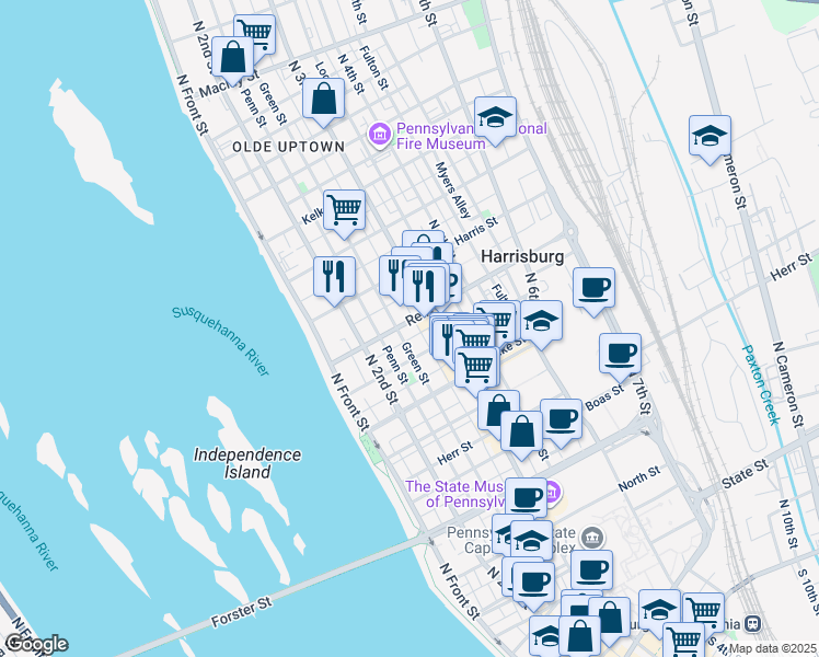 map of restaurants, bars, coffee shops, grocery stores, and more near 263 Reily Street in Harrisburg