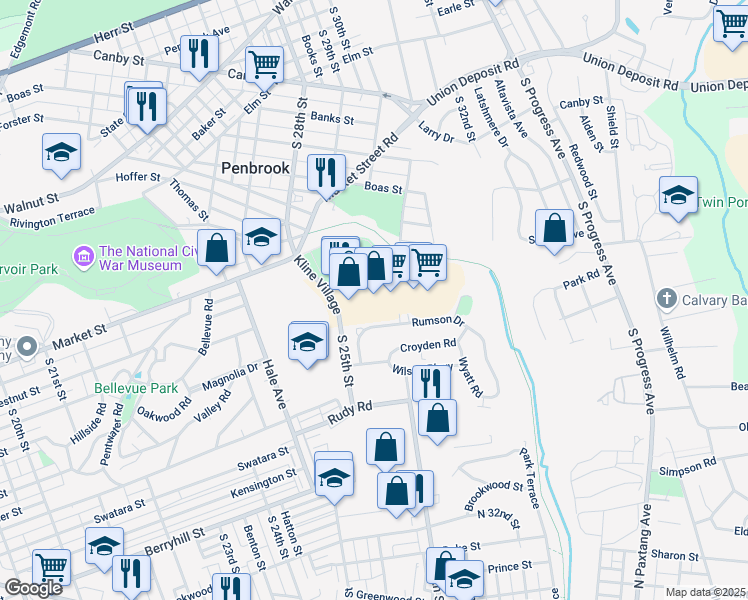 map of restaurants, bars, coffee shops, grocery stores, and more near 130 Kline Village in Harrisburg