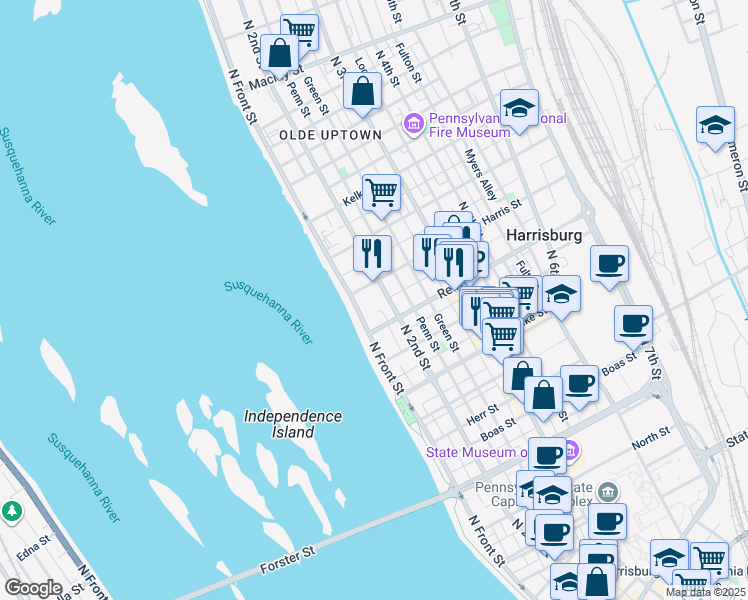 map of restaurants, bars, coffee shops, grocery stores, and more near 1525 North Front Street in Harrisburg