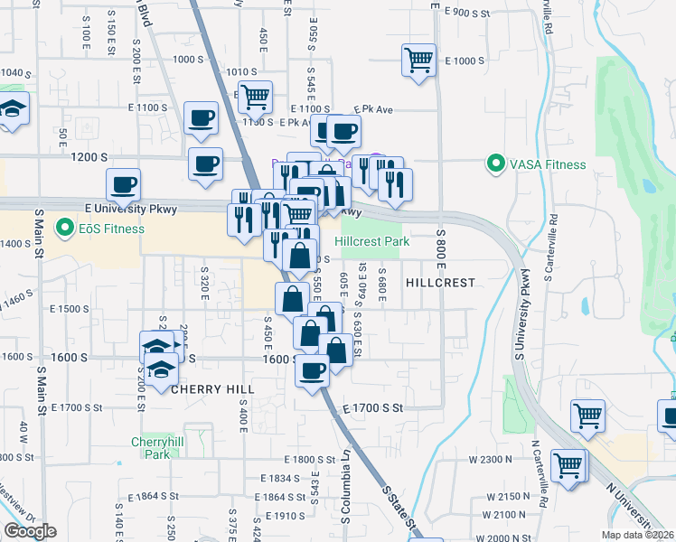 map of restaurants, bars, coffee shops, grocery stores, and more near 1432 605 east in Orem
