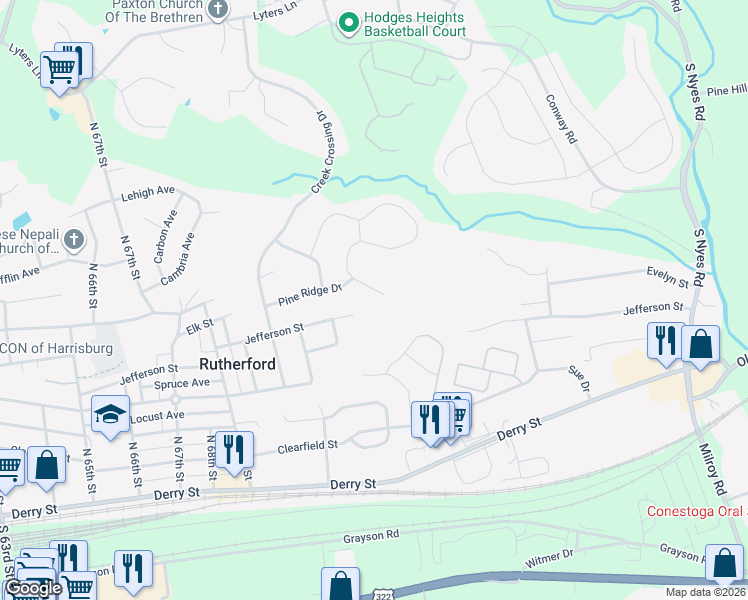 map of restaurants, bars, coffee shops, grocery stores, and more near 7341 Jefferson Street in Harrisburg