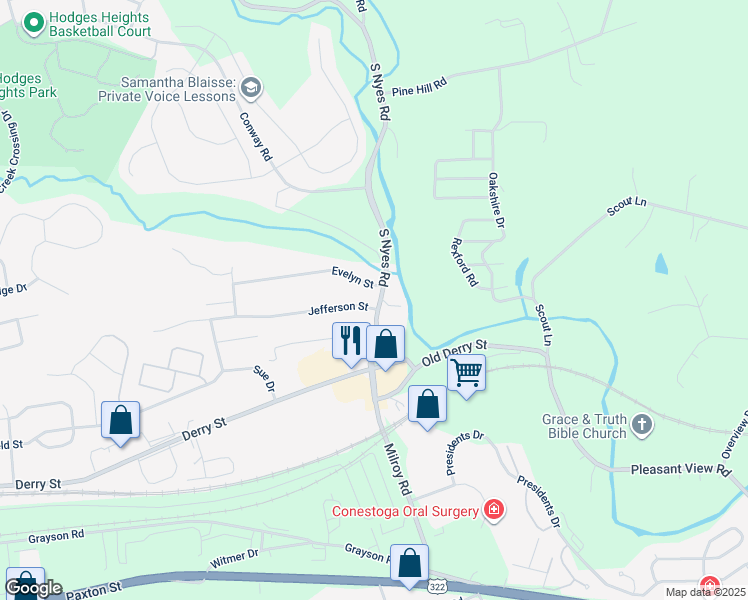 map of restaurants, bars, coffee shops, grocery stores, and more near 410 South Nyes Road in Hummelstown