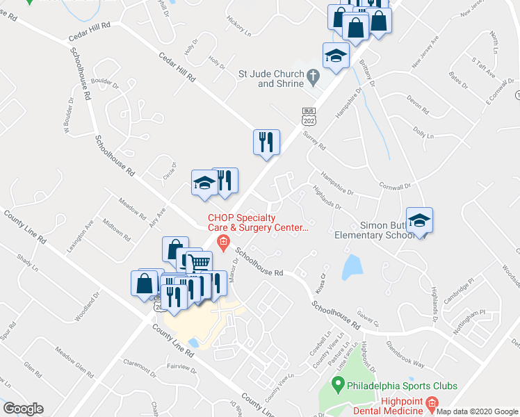 map of restaurants, bars, coffee shops, grocery stores, and more near 611 Remington Court in Chalfont