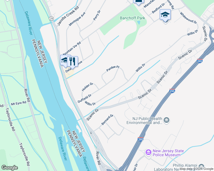 map of restaurants, bars, coffee shops, grocery stores, and more near 18 Willis Drive in Ewing Township