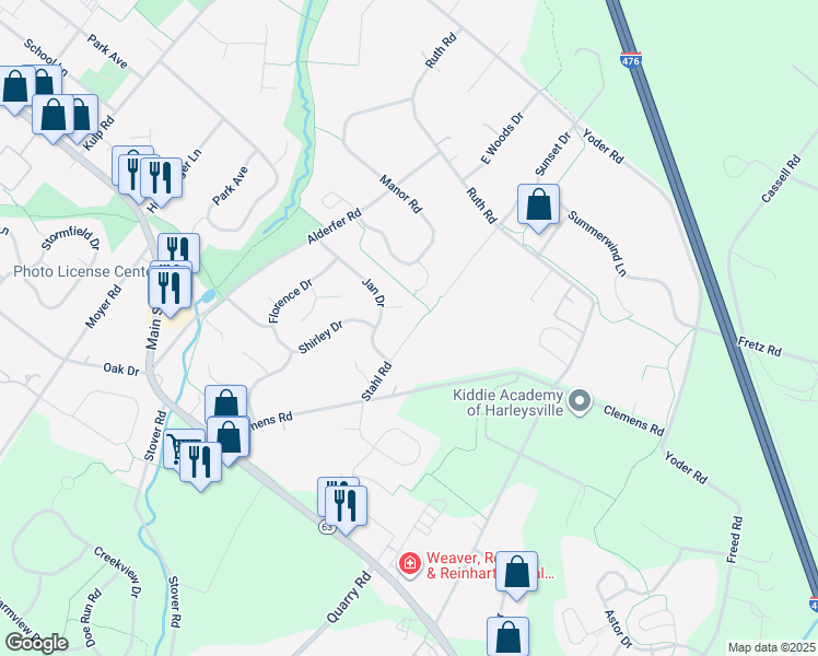 map of restaurants, bars, coffee shops, grocery stores, and more near 264 Stahl Road in Harleysville