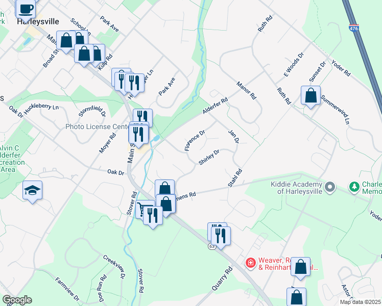 map of restaurants, bars, coffee shops, grocery stores, and more near 291 Florence Drive in Harleysville