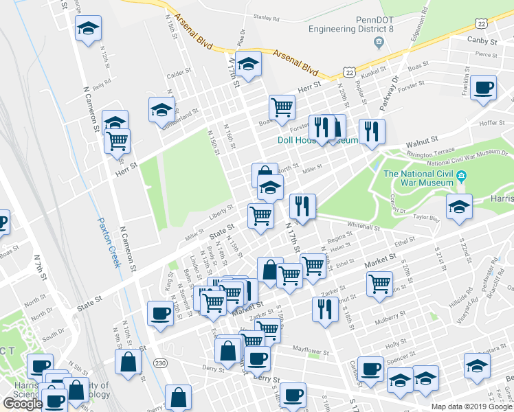 map of restaurants, bars, coffee shops, grocery stores, and more near 1613 Apricot Street in Harrisburg