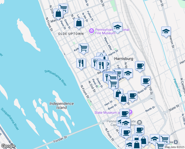 map of restaurants, bars, coffee shops, grocery stores, and more near 1416 Green Street in Harrisburg
