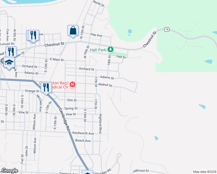 map of restaurants, bars, coffee shops, grocery stores, and more near 171 Ridgewood Drive in Coshocton