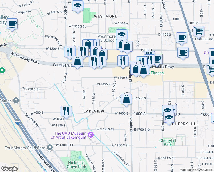 map of restaurants, bars, coffee shops, grocery stores, and more near 1442 South 135 West in Orem