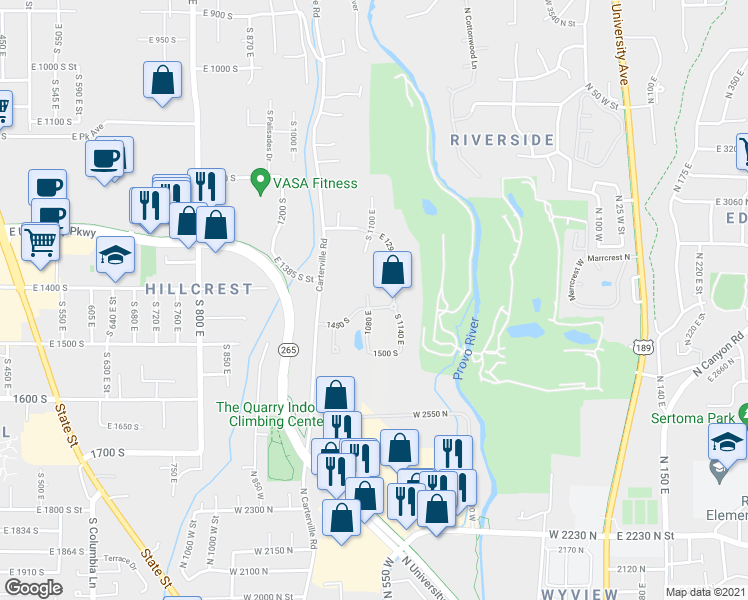 map of restaurants, bars, coffee shops, grocery stores, and more near 1383 1080 East in Orem