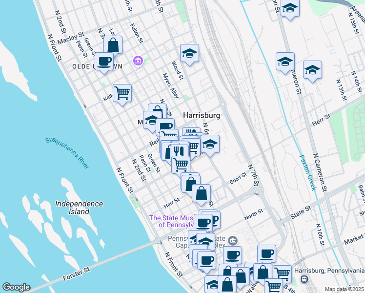 map of restaurants, bars, coffee shops, grocery stores, and more near 1336 North 4th Street in Harrisburg