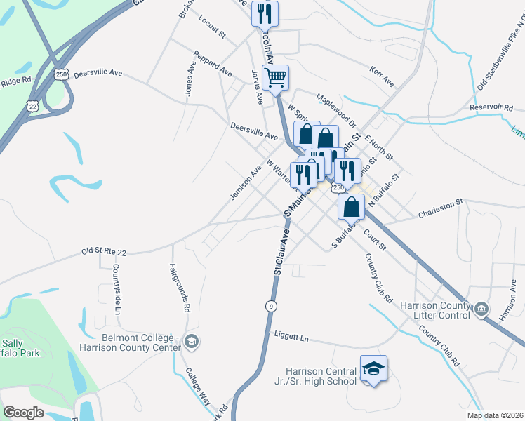 map of restaurants, bars, coffee shops, grocery stores, and more near 308 Grant Street in Cadiz