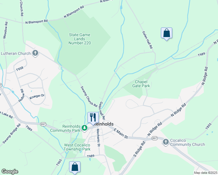 map of restaurants, bars, coffee shops, grocery stores, and more near 196 Galen Hall Road in Reinholds