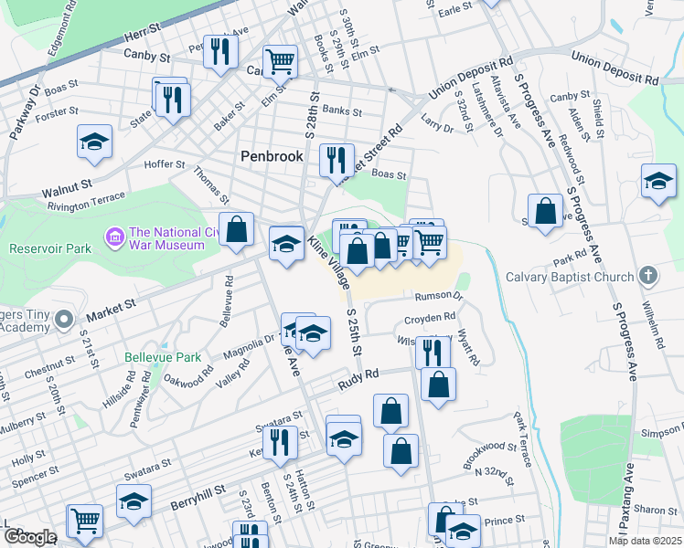 map of restaurants, bars, coffee shops, grocery stores, and more near Kline Village in Harrisburg