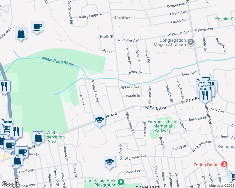 map of restaurants, bars, coffee shops, grocery stores, and more near 42 Whalepond Road in Monmouth County