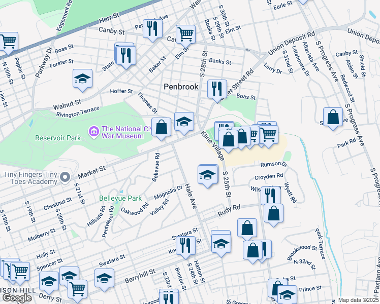 map of restaurants, bars, coffee shops, grocery stores, and more near 2451 Market Street in Harrisburg