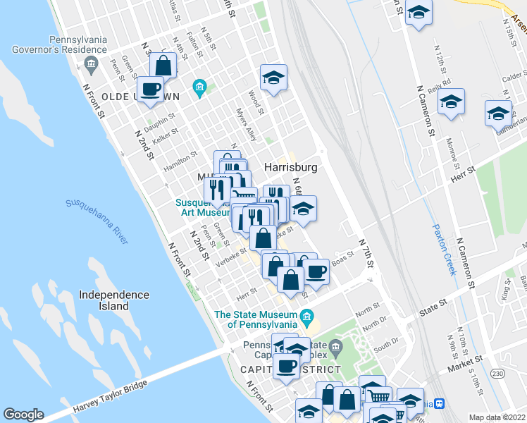 map of restaurants, bars, coffee shops, grocery stores, and more near 323 Calder Street in Harrisburg