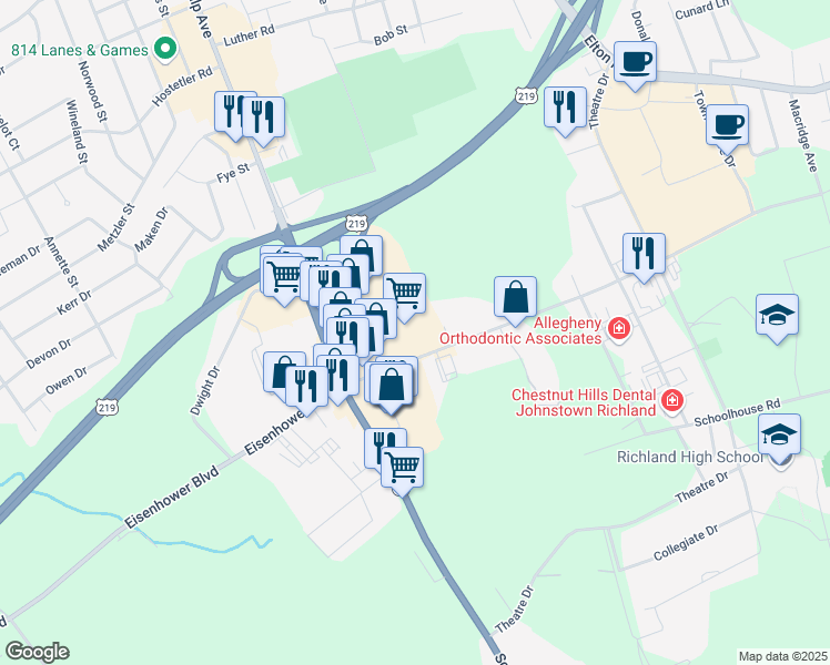 map of restaurants, bars, coffee shops, grocery stores, and more near 1451 Scalp Avenue in Johnstown