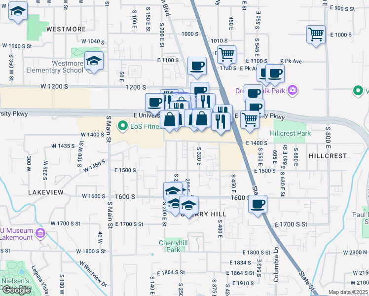map of restaurants, bars, coffee shops, grocery stores, and more near 1426 280 East in Orem