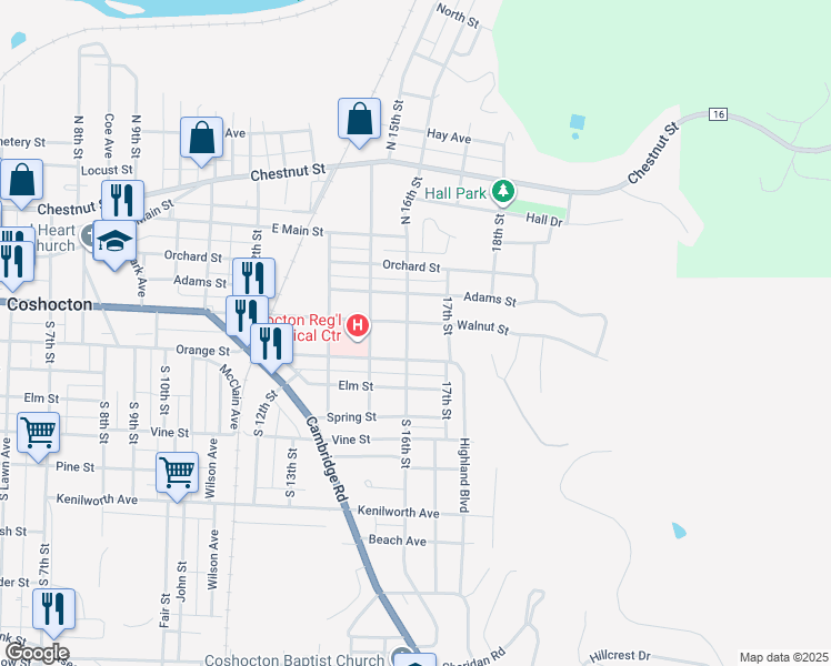 map of restaurants, bars, coffee shops, grocery stores, and more near 445 South 16th Street in Coshocton