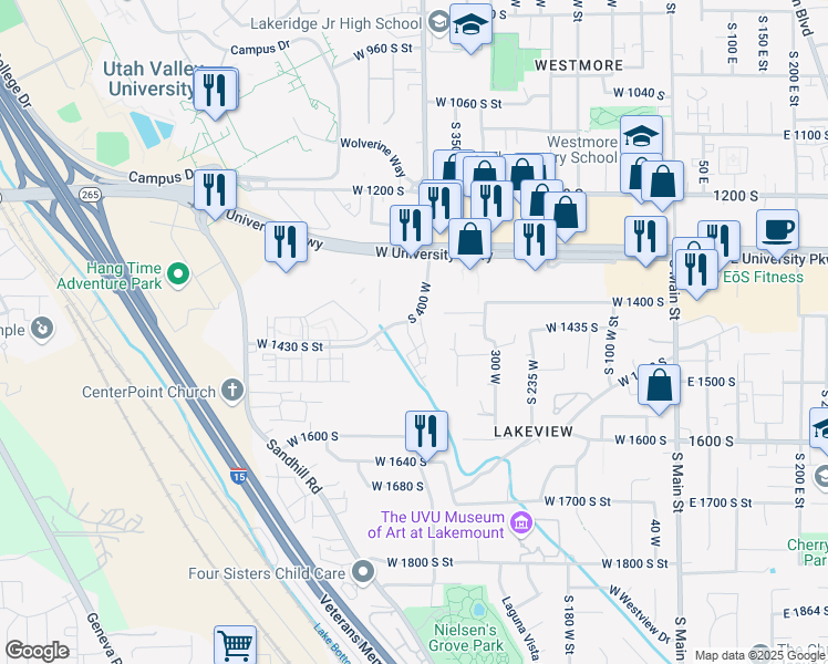 map of restaurants, bars, coffee shops, grocery stores, and more near 1447 South 430 West in Orem