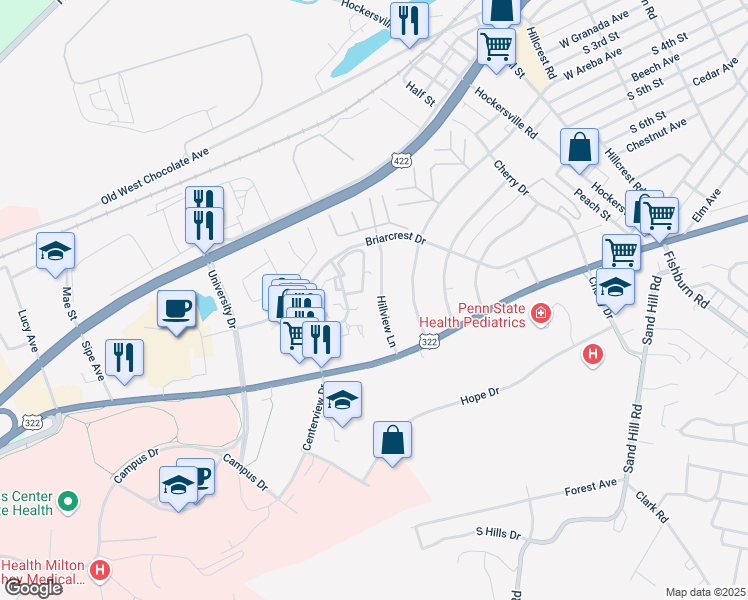 map of restaurants, bars, coffee shops, grocery stores, and more near 1059 Hillview Lane in Hershey