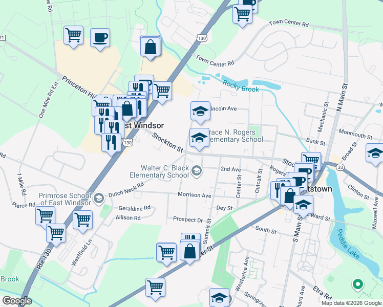 map of restaurants, bars, coffee shops, grocery stores, and more near 380 Stockton Street in Hightstown