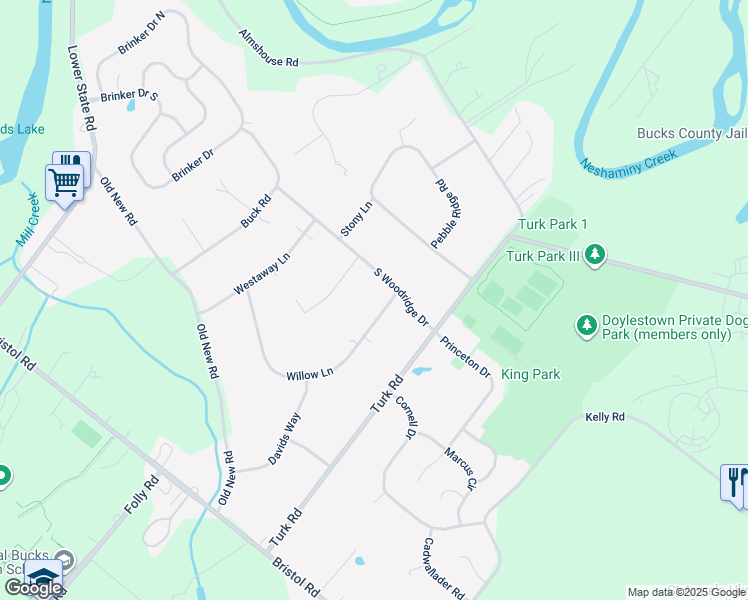 map of restaurants, bars, coffee shops, grocery stores, and more near 23 Willow Lane in Warrington