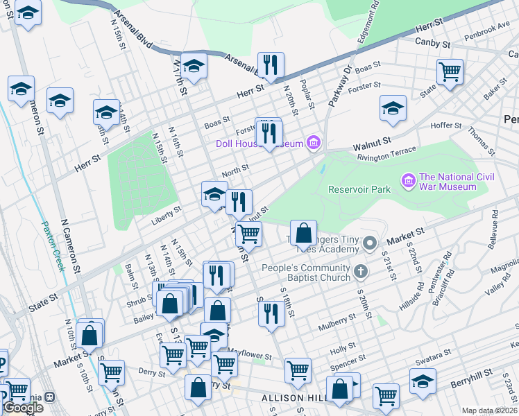 map of restaurants, bars, coffee shops, grocery stores, and more near Walnut Street in Harrisburg