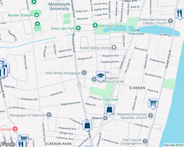 map of restaurants, bars, coffee shops, grocery stores, and more near 263 Park Avenue in Long Branch