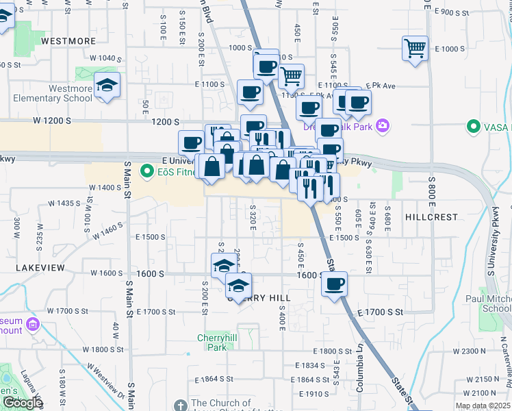 map of restaurants, bars, coffee shops, grocery stores, and more near 1457 320 East in Orem