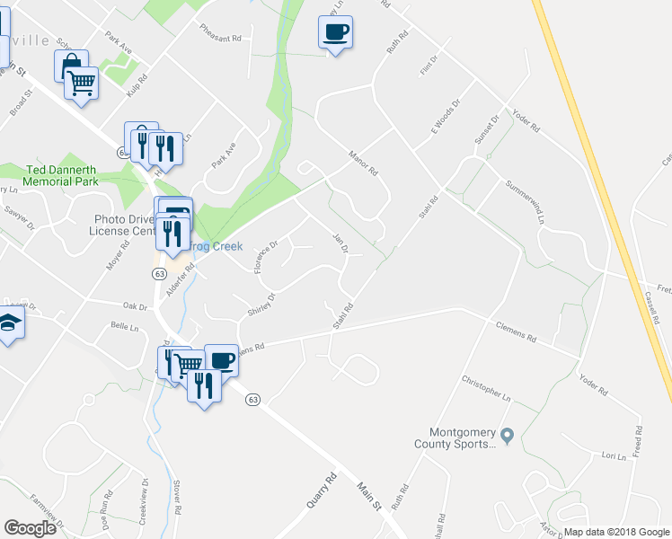 map of restaurants, bars, coffee shops, grocery stores, and more near 241 Shirley Drive in Harleysville
