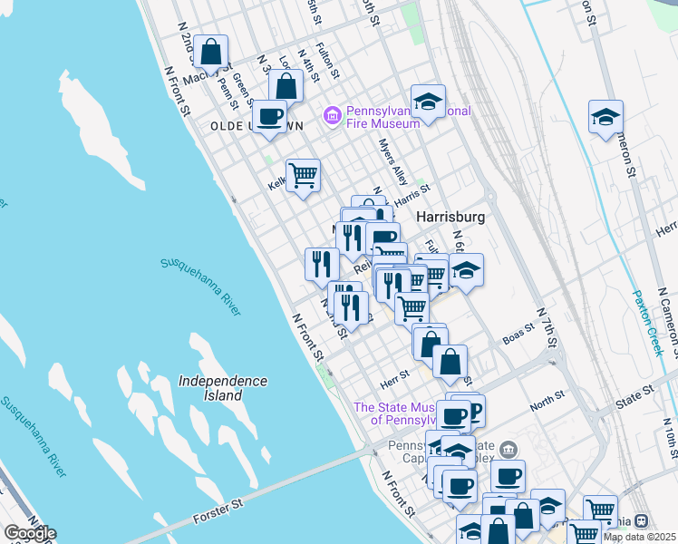 map of restaurants, bars, coffee shops, grocery stores, and more near 1416 Green Street in Harrisburg