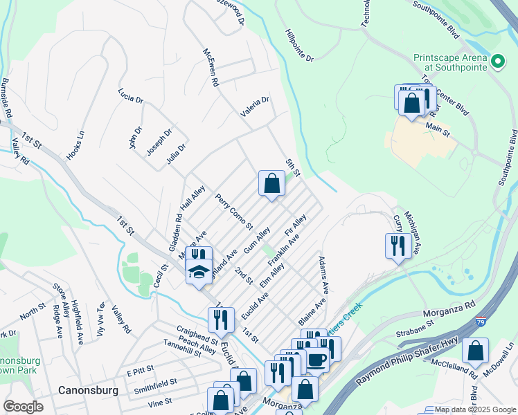 map of restaurants, bars, coffee shops, grocery stores, and more near 614 Highland Avenue in Canonsburg