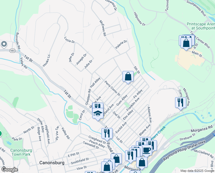 map of restaurants, bars, coffee shops, grocery stores, and more near 513 Moore Avenue in Canonsburg