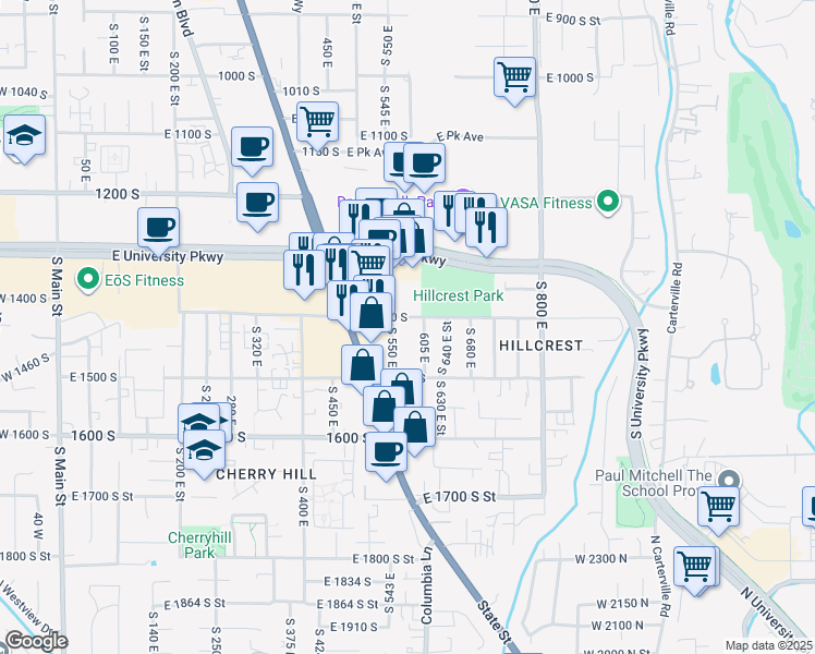 map of restaurants, bars, coffee shops, grocery stores, and more near 1462 605 east in Orem