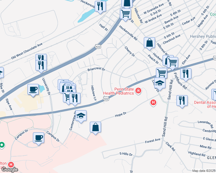 map of restaurants, bars, coffee shops, grocery stores, and more near 1090 Beech Avenue in Hershey
