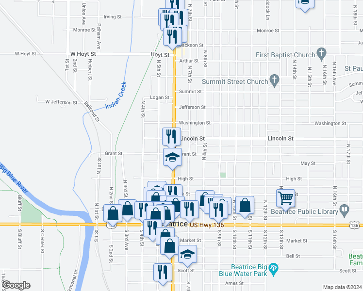 map of restaurants, bars, coffee shops, grocery stores, and more near 612 Grant Street in Beatrice
