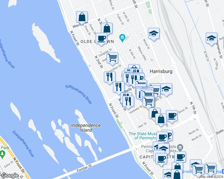 map of restaurants, bars, coffee shops, grocery stores, and more near 1520 North 2nd Street in Harrisburg