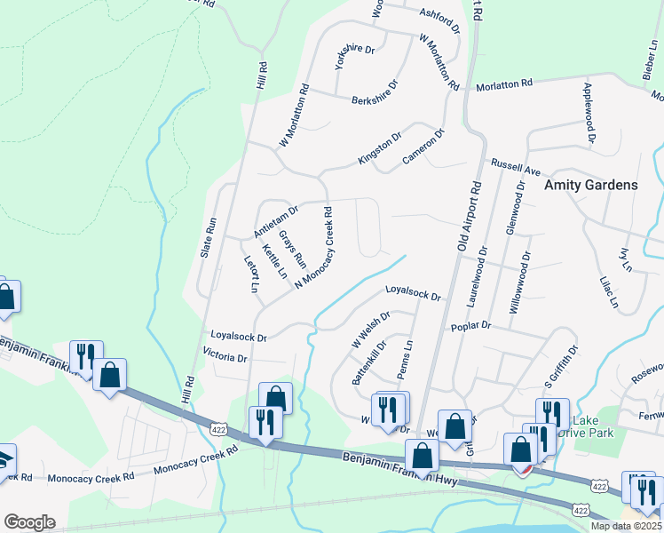 map of restaurants, bars, coffee shops, grocery stores, and more near 704 North Monocacy Creek Road in Douglassville
