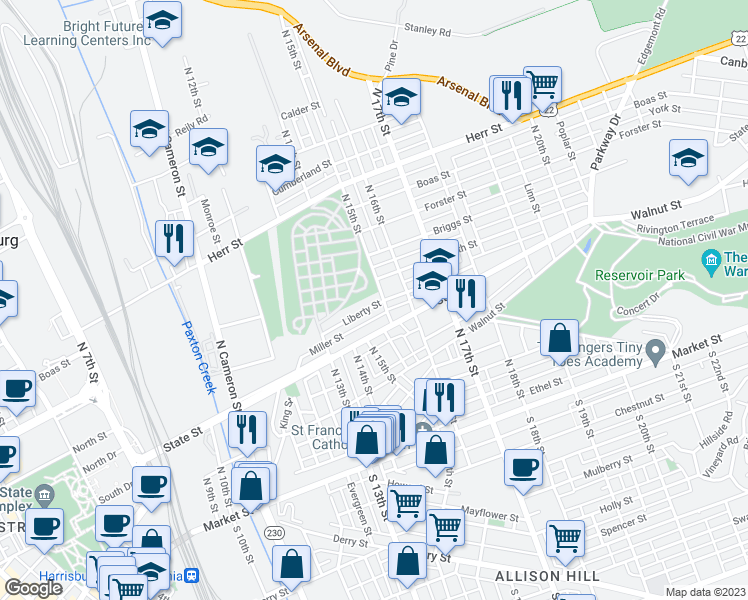 map of restaurants, bars, coffee shops, grocery stores, and more near 1424 Liberty Street in Harrisburg